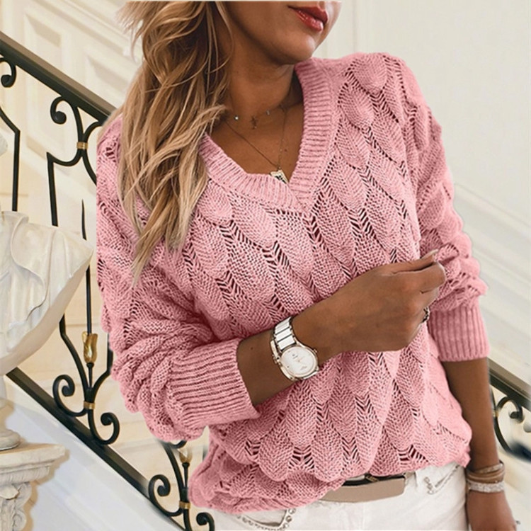 Jersey de manga larga con cuello en V y abertura de plumas para mujer_voghion.com