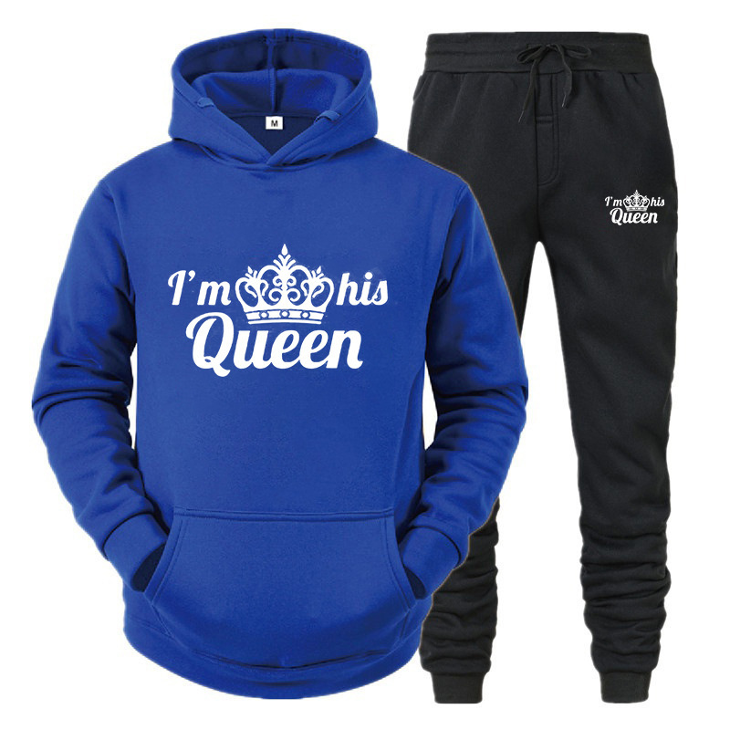 Set da donna con cappuccio KING QUEEN per coppie maschili e femminili, tuta sportiva casual, set di due pezzi_voghion.com