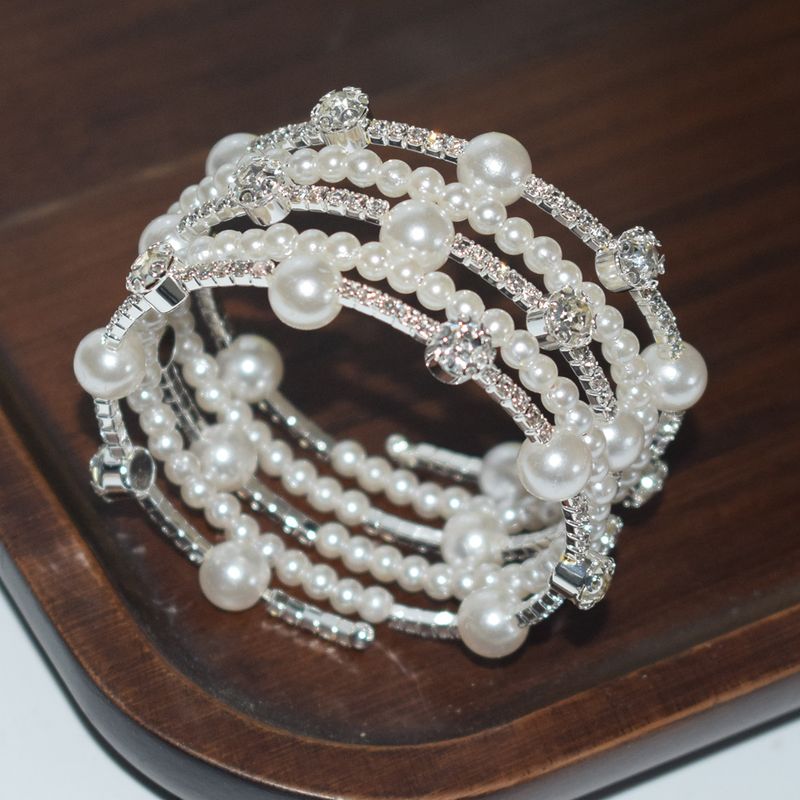 Ins Internet Celebrity Women Simple 3 Row Rhinestone Pearl Wrap Fashion Versatile Bangle Bracelet_voghion.com