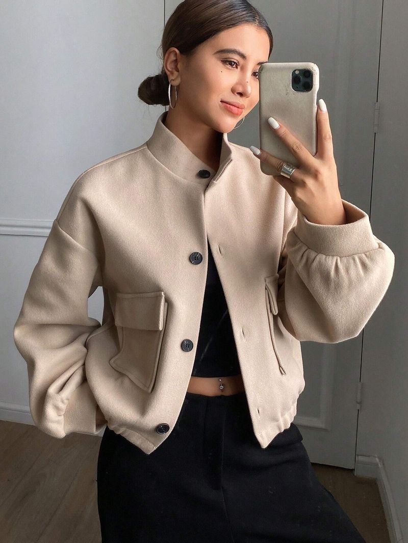 Women's Clothing Autumn Winter Women's Casual Short Wool Blend Coat With Stand Collar & Single Button Closure, Loose Fit, Long Sleeve, Outerwear_voghion.com