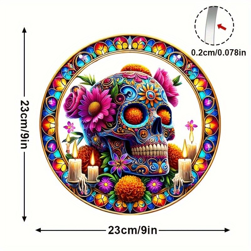 Acchiappasole vibrante a forma di teschio di zucchero - Arte in acrilico colorato da 23 cm. Decorazione festiva per le celebrazioni del Dia de Muertos o per gli spazi dei bar._voghion.com
