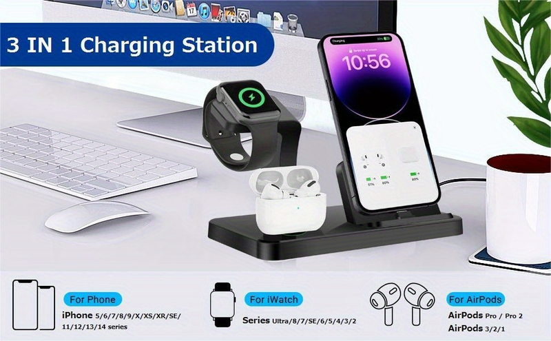 Stație de încărcare wireless 3 în 1: Stație de încărcare rapidă pentru Apple Watch, Pro 2/3, iPhone 14/13/11 și seriile anterioare_voghion.com