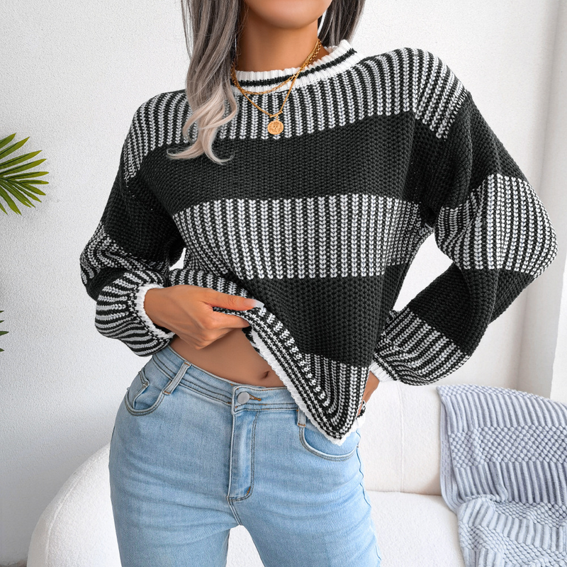 Abbigliamento da donna Net rosso stile vero colpo autunno e inverno casual contrasto di colore a righe maglione lavorato a maglia a maniche lunghe abbigliamento da donna_voghion.com