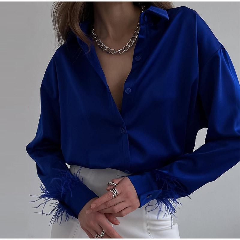 Abbigliamento da donna estate nuova moda casual versatile camicia in capelli di struzzo con cuciture in piume di seta ghiaccio per donna_voghion.com