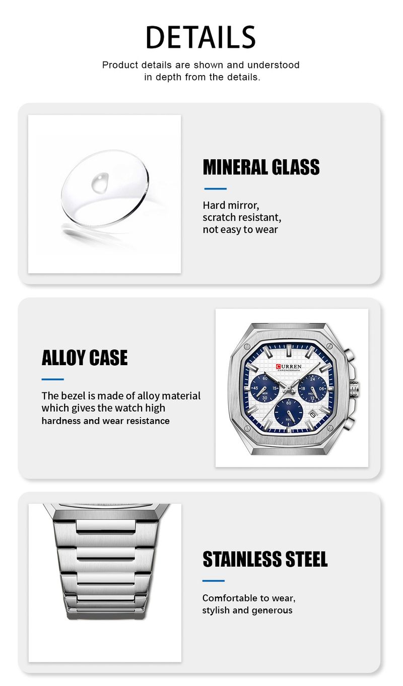 CURREN Orologio cronografo da uomo in acciaio inossidabile con quadrante quadrato e data, design di ispirazione vintage, al quarzo_voghion.com