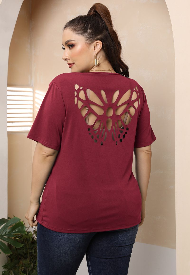 Women's plus size sexy backless butterfly hollowed-out round neck casual t-shirt _voghion.com