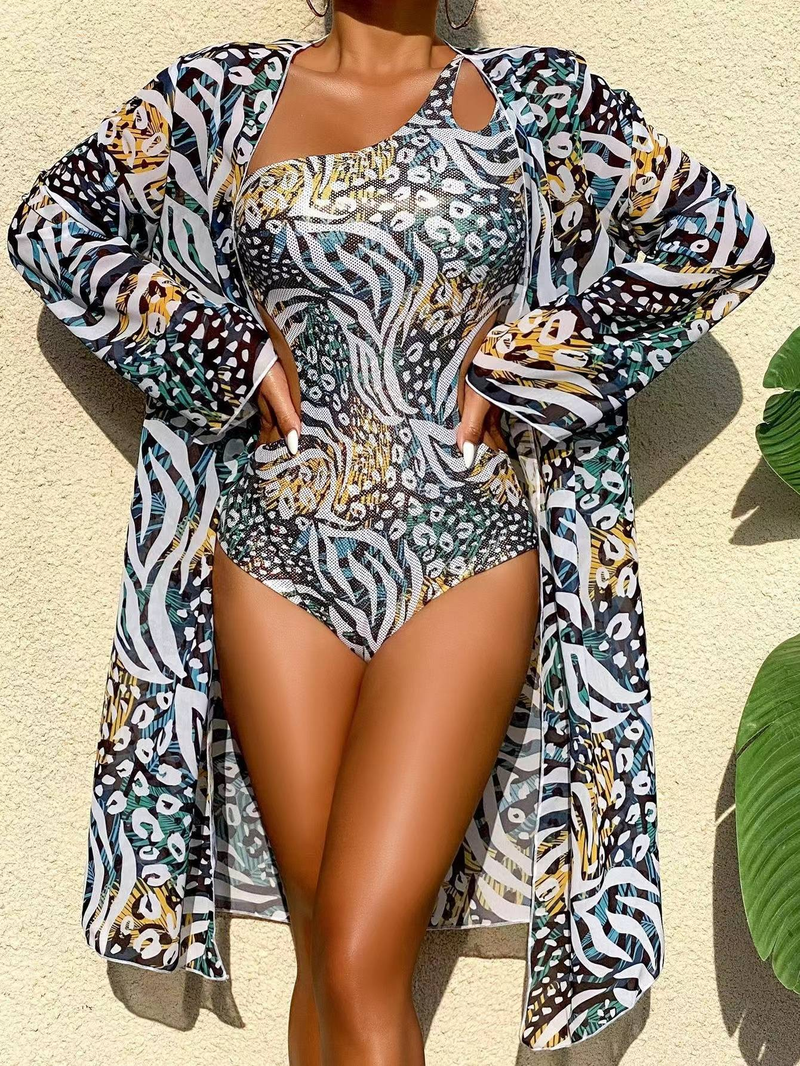 Set in due pezzi primavera calda con cappuccio a maniche lunghe europeo e americano 2024 con costume da bagno intero scavato con stampa retrò_voghion.com