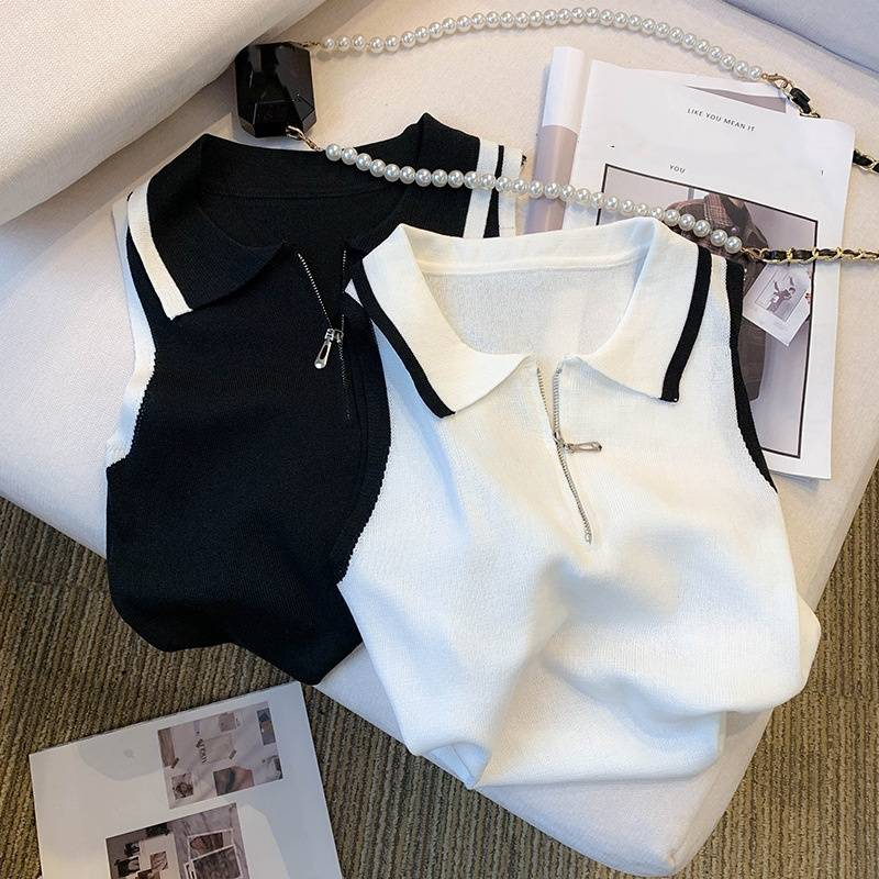 Damenbekleidung Echter Schuss des neuen Sommerdesigns Nischenkontrastfarbe Reißverschlussweste Hosenträger Strickoberteile für Frauen_voghion.com