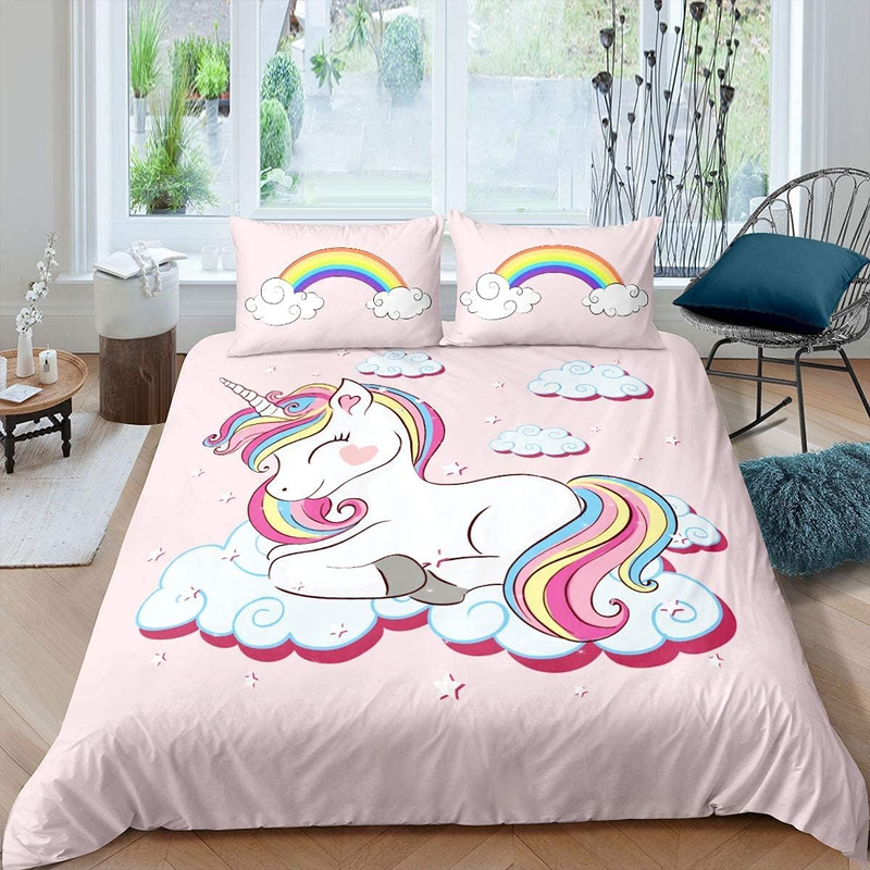 Einhorn-Bettwäsche, Fantasie-Einhorn-Bettwäsche-Set für Kinder und Mädchen, magische Tier-Bettbezug, Fee-Cartoon-Bettwäsche_voghion.com