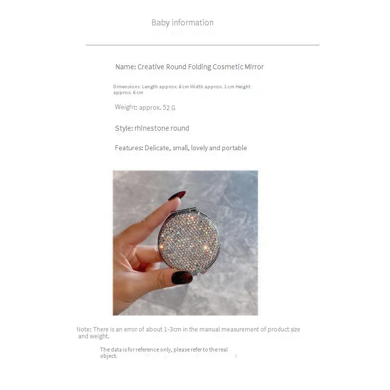 Elegante ronde minispiegel met diamanten – compacte dubbelzijdige make-upspiegel met klapdeksel voor thuis en op reis (6 cm, PU/PS/PVC-frame)_voghion.com