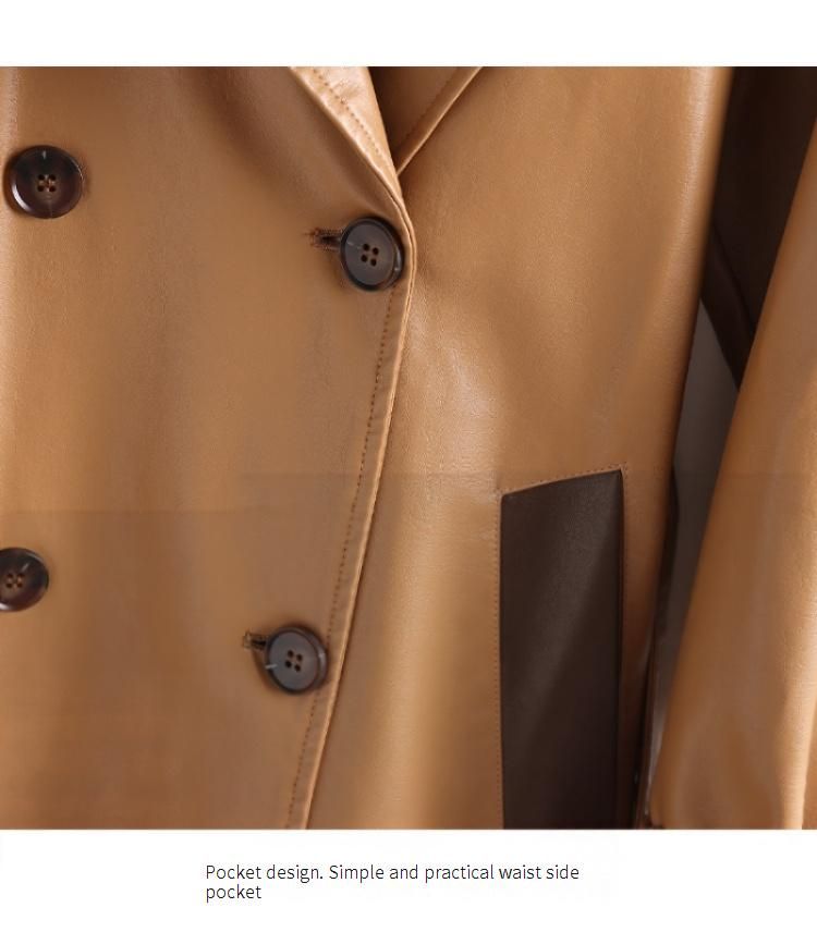 Trench lungo da donna in similpelle con colletto a contrasto - Giacca doppiopetto slim fit per la moda primaverile e autunnale_voghion.com