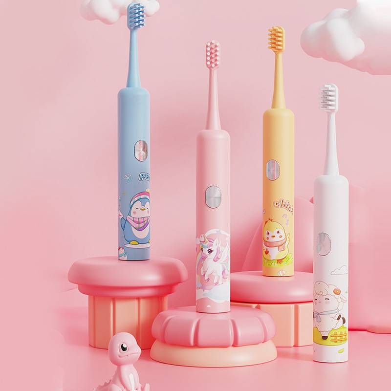 Cepillo de dientes eléctrico para niños con 5 modos, cerdas suaves y carga USB - Diseño de dibujos animados (blanco, amarillo, azul, rosa)_voghion.com