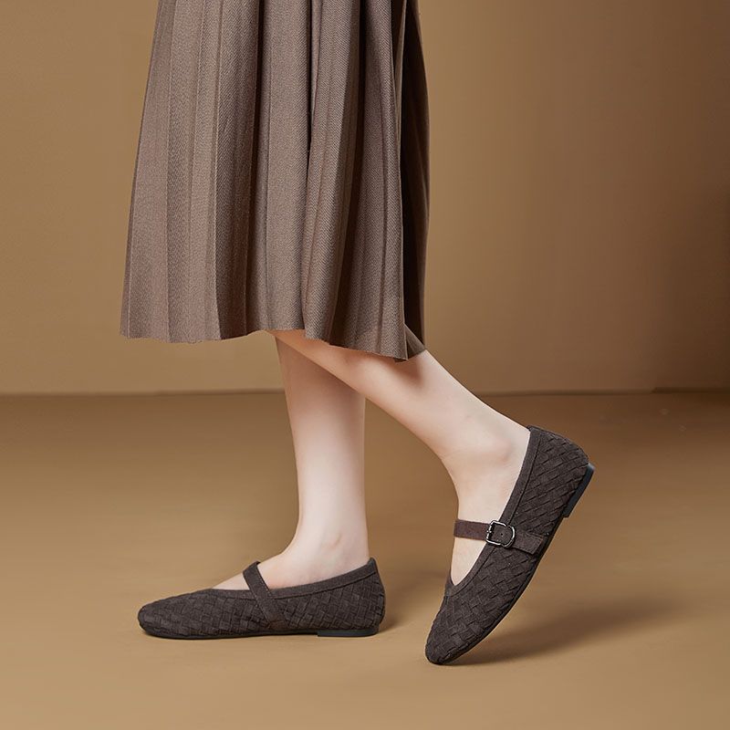 Simple And Versatile Woven Belt Mary Jane Shoes, Round Toe Single Shoes With Woven Texture, Breathable Sheepskin Pad, Comfortable Suede_voghion.com