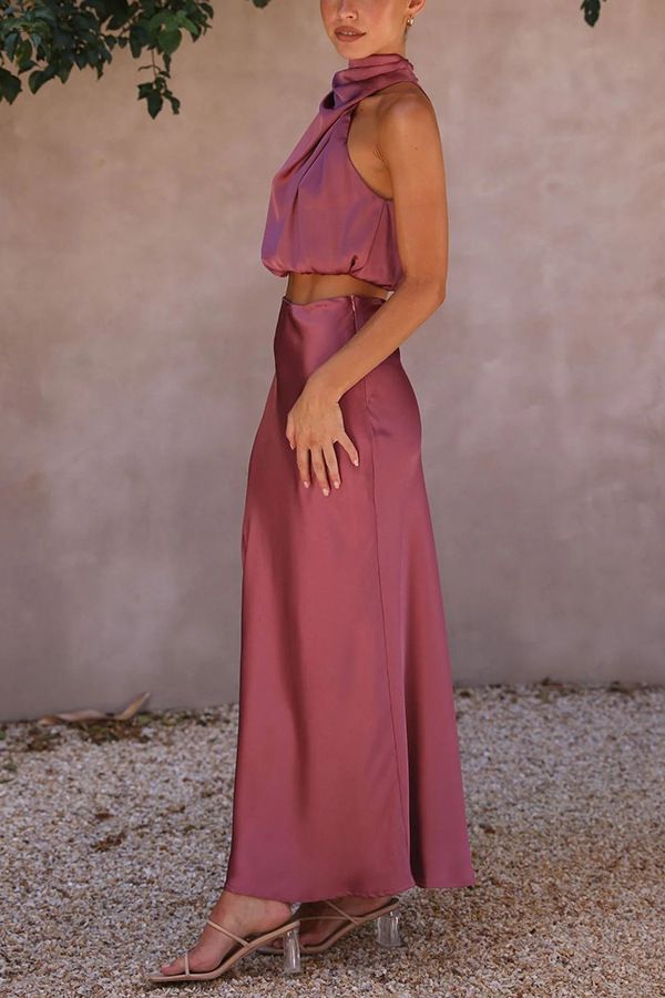 Traje de dos piezas informal ajustado multicolor de satén para mujer, primavera y verano_voghion.com