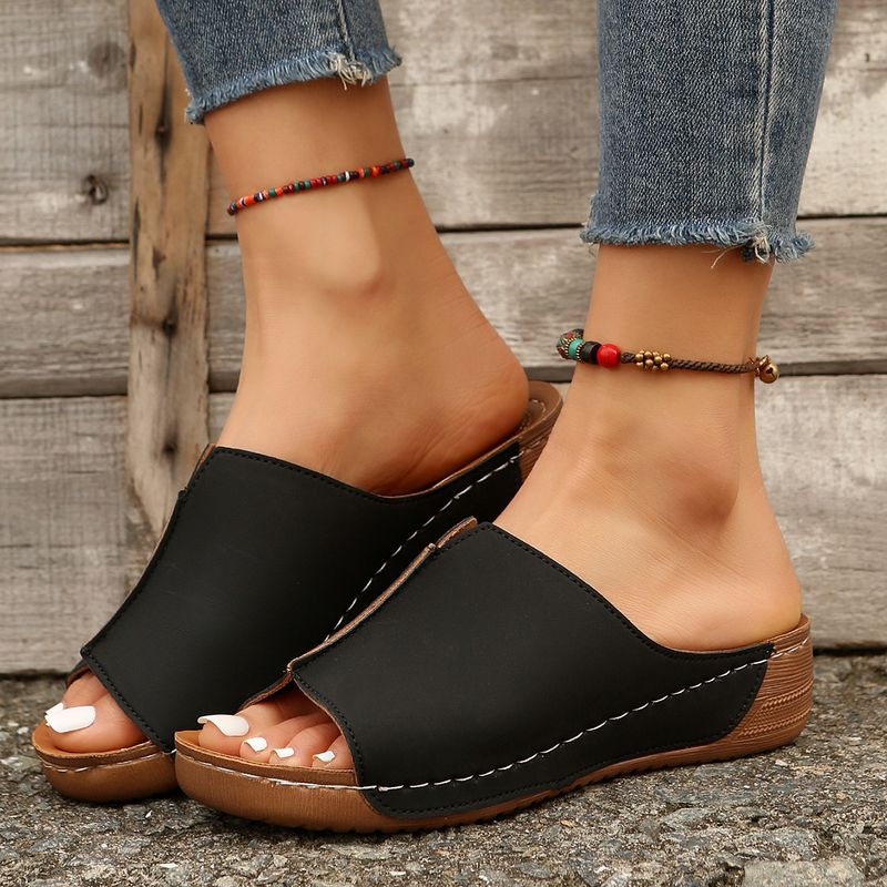 Slope Thick Soled Women, Plus Size Round Toe Casual One Foot Kick, Solid Color Slope Heel Cool Slippers For Women's_voghion.com