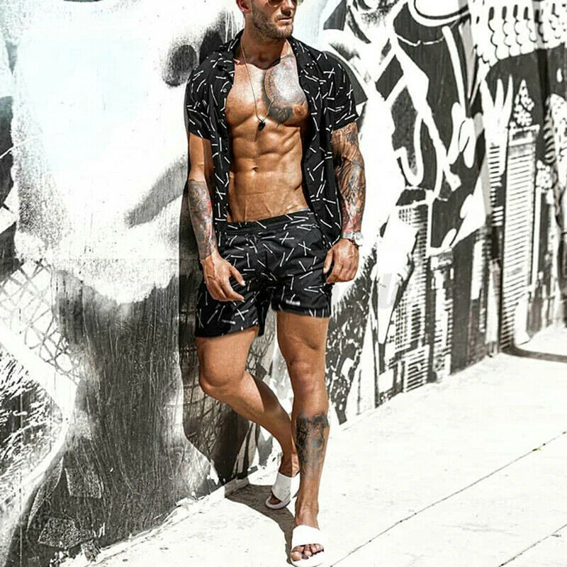 2024 Men's Hawaiian Beach Style with Leaf Printed Shorts, Short Sleeves, Cuban Collar Shirt, Two Piece Set_voghion.com