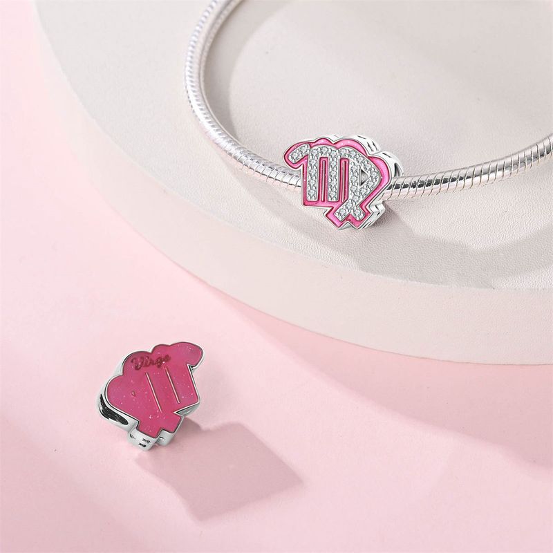 Damenschmuck, süße rosa Perlen mit zwölf Sternbildern, dekorative Perlen, DIY-Schmuckzubehör, Armband, weißes Kupfer, versilbert_voghion.com