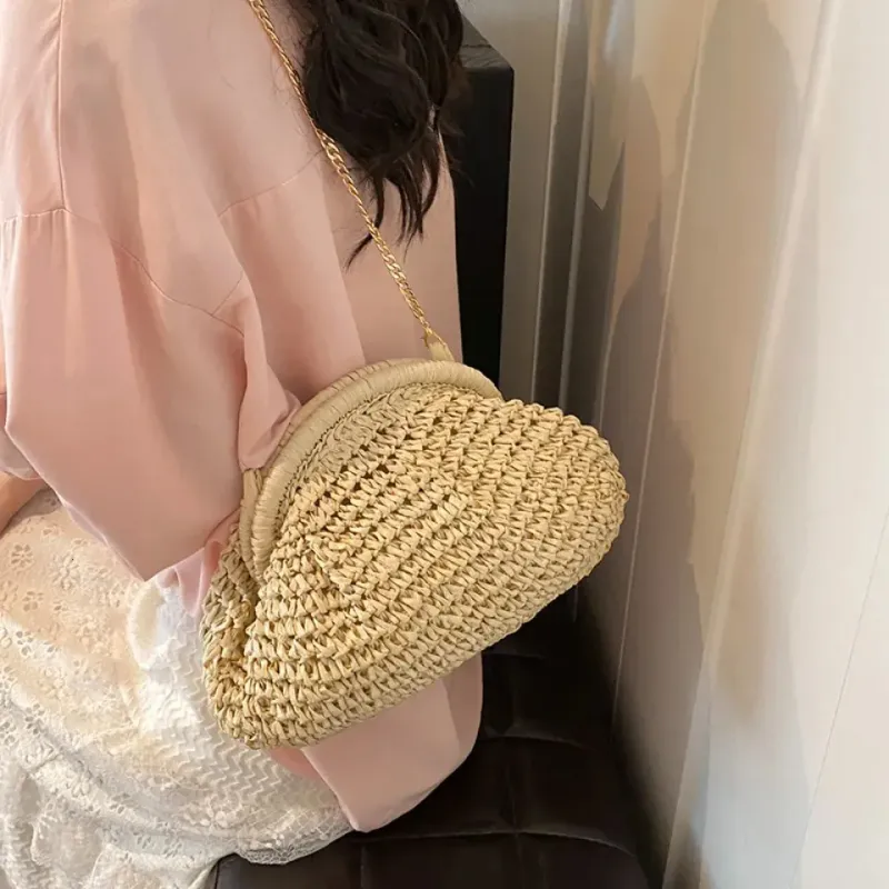 Borsa da donna in paglia intrecciata con tracolla a catena, grande capacità, elegante, a tracolla, tinta unita, per spiaggia estiva, 250614l_voghion.com