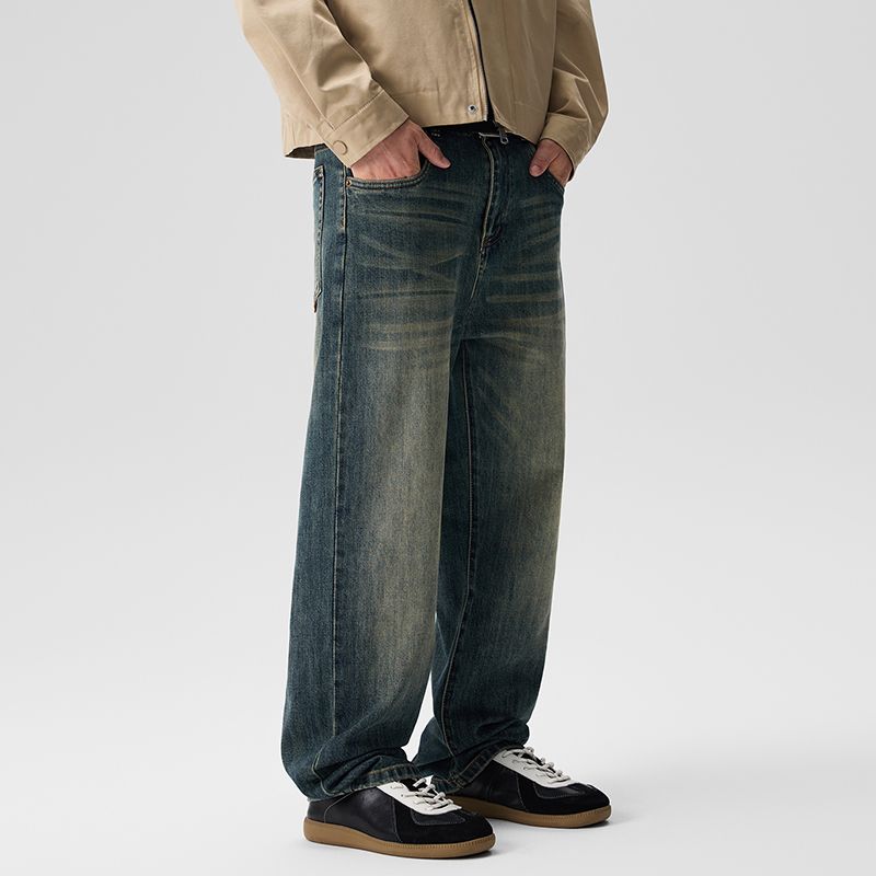 Jeans elasticizzati CLeanfit da uomo, larghi e dritti, Harlan, alla moda, lunghi, a vita media, stile retrò americano, lavato, K11, denim, otto cilindri, Xiansen Zhi Clothes_voghion.com