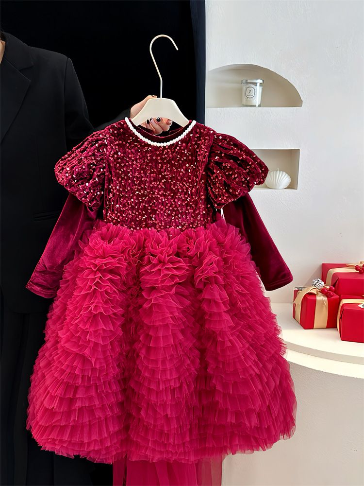 Abbigliamento per bambini Capodanno Natale Autunno e inverno Ragazze Gonna rossa con paillettes Abito di alta qualità Fiocco Fiore Ragazza Temperamento Tutu Gonna a ruota_voghion.com