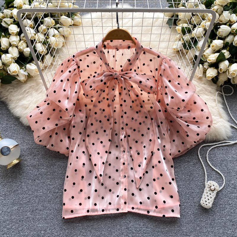 Women's puff sleeve tie bow polka dot shirt thin see-through loose slimming temperament chiffon shirt_voghion.com
