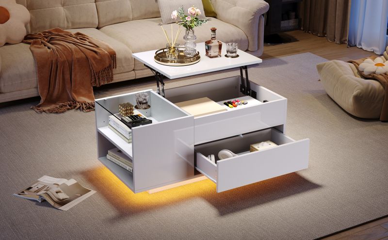 Table basse réglable en hauteur 95 x 48 x 42 cm avec rangement dissimulé, éclairage LED, tiroir et prise – Table d'appoint de salon blanche_voghion.com