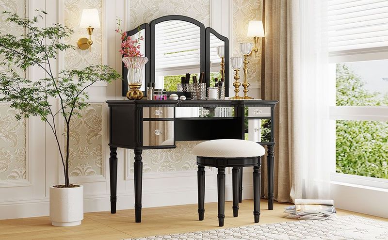 43" Dressing Table Set With Mirrored Drawers And Stool, Tri-fold Mirror, Makeup Vanity Set For Bedroom, Black_voghion.com