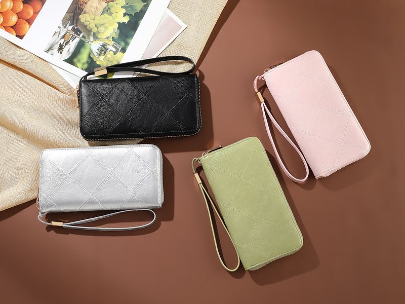 Portafoglio lungo da donna classico con diamanti a quadri, semplice portamonete alla moda, in pelle PU con cerniera_voghion.com