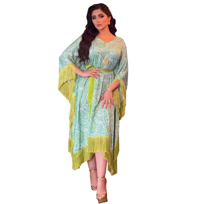 Women's Clothing Green Tassel Bat Sleeve Plus Size Southeast Dress_voghion.com