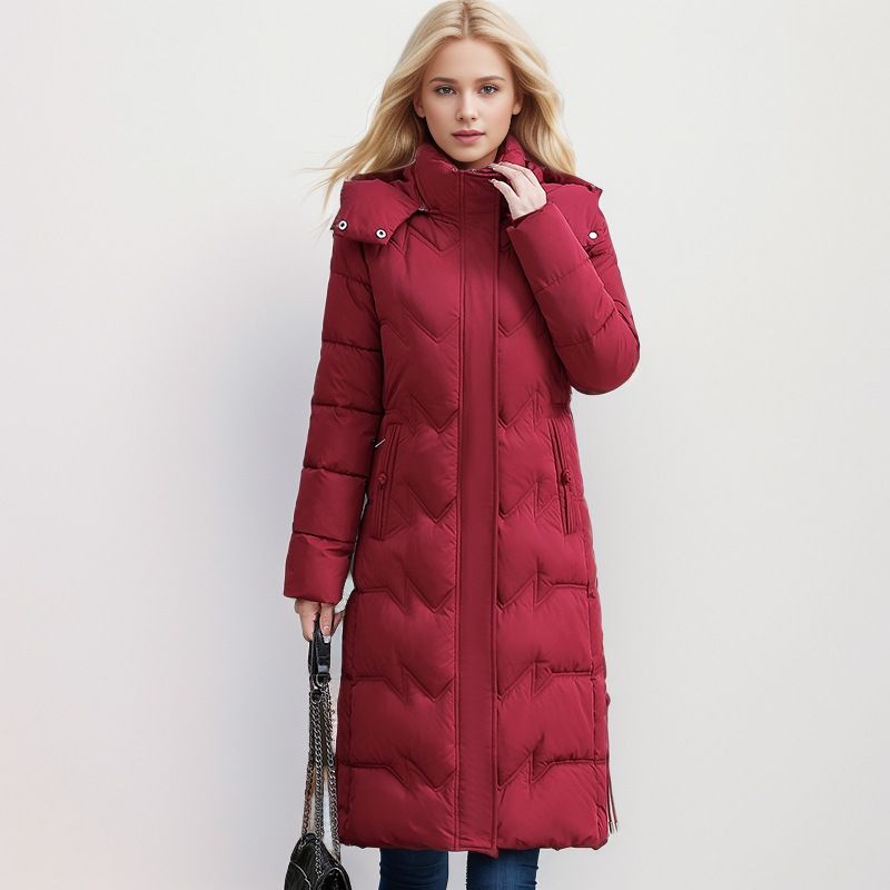 Extra Long Women's Puffer Coat - Oversized Winter Jacket With Hood, Knee-Length Warmth, Plus Size Friendly (Wine Red, Khaki, Dusty Pink, Black)_voghion.com