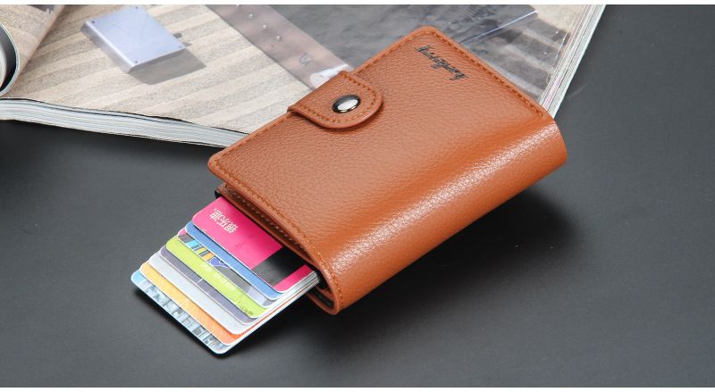 BAELLERRY meeste kaardikott, Euroopa ja Ameerika litši mustriga, RFID-ga automaatne elastse kaarditüüpi pandlaga rahakott, metallist alumiiniumist kaardikarp_voghion.com