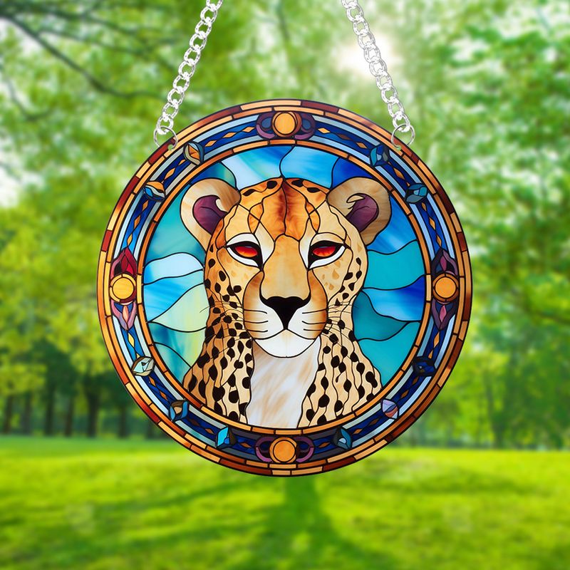 Pendentif attrape-soleil en acrylique imprimé recto verso en forme d'aigle léopard animal avec chaîne et ventouse_voghion.com