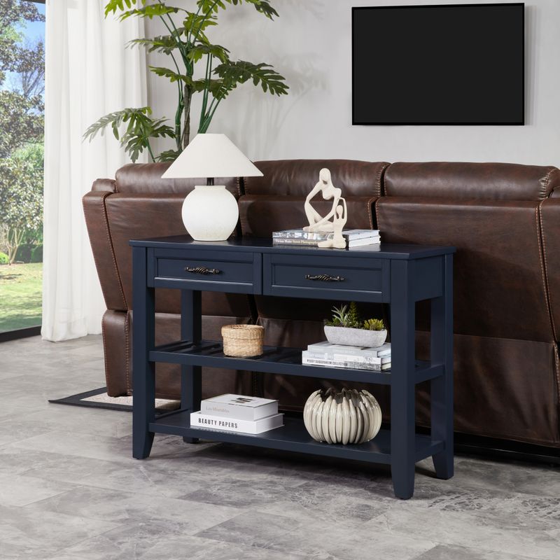 Retro Design Console Table With Two Open Shelves, Pine Solid Wood Frame And Legs For Living Room_voghion.com