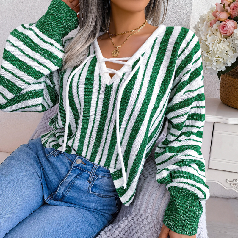 Maglione pullover a maniche lunghe con laccetti e motivo a blocchi di colore, stile Ins, autunno inverno, moda donna_voghion.com