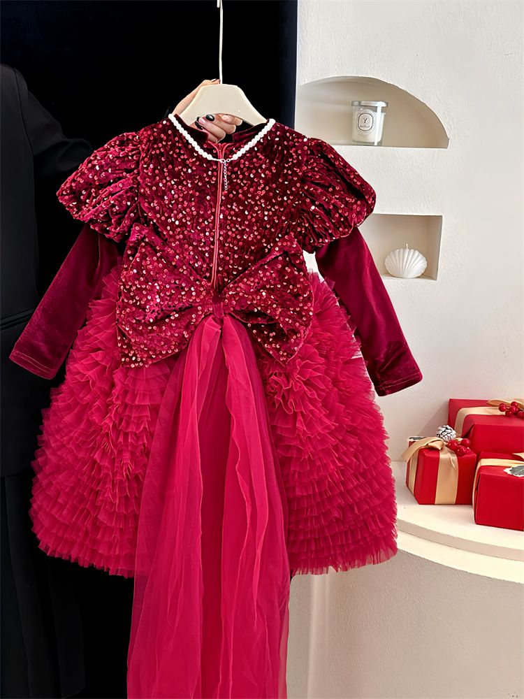 Abbigliamento per bambini Capodanno Natale Autunno e inverno Ragazze Gonna rossa con paillettes Abito di alta qualità Fiocco Fiore Ragazza Temperamento Tutu Gonna a ruota_voghion.com