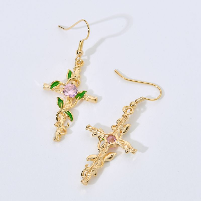 Lussuosi e squisiti orecchini a gancio lunghi, croce avvolta in vite, orecchini a goccia di zirconia a olio con foglia verde, orecchini in stile metallo fresco e alla moda_voghion.com