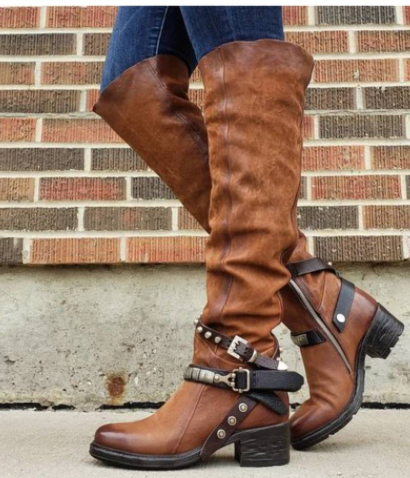 Damenschuhe neue Gürtelschnalle lange Stiefel Damenstiefel dicker Absatz mittlerer Absatz große Größe 40 43_voghion.com
