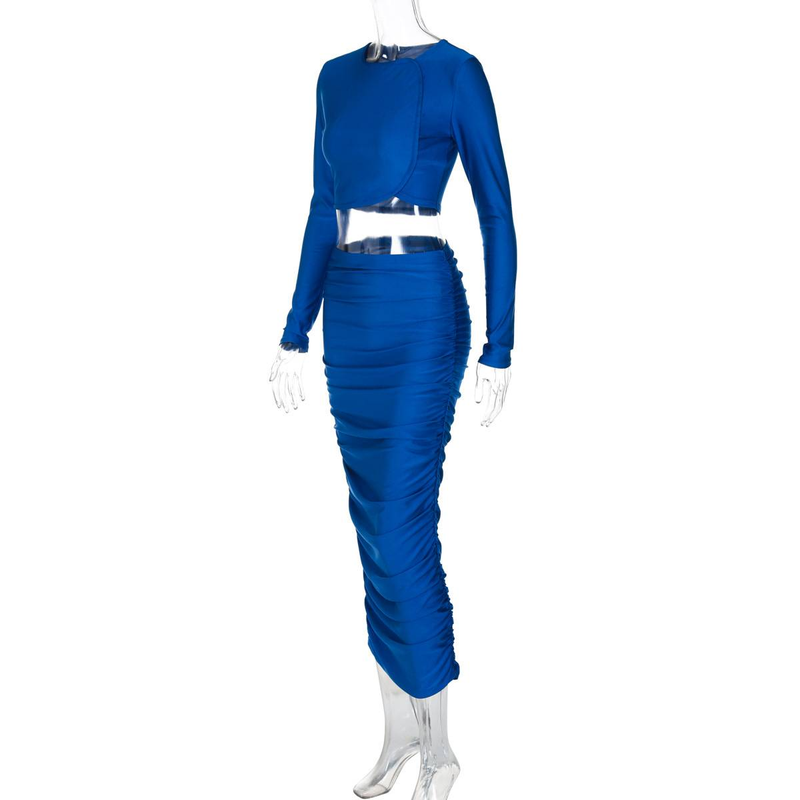Yksivärinen seksikäs elegantti 2-osainen hamesarja, pitkähihainen, vartalonmyötäinen crop top ja rypytetty midi-hame, yhteensopiva sarja juhlaan, klubi- ja toimistokäyttöön_voghion.com