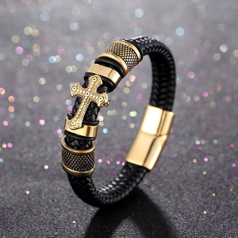 Longrui Leder handgewebtes Armband, echtes Leder, gewebtes Kreuz, Herren-Lederarmband, Retro-Lederseil-Armband, Großhandel_voghion.com