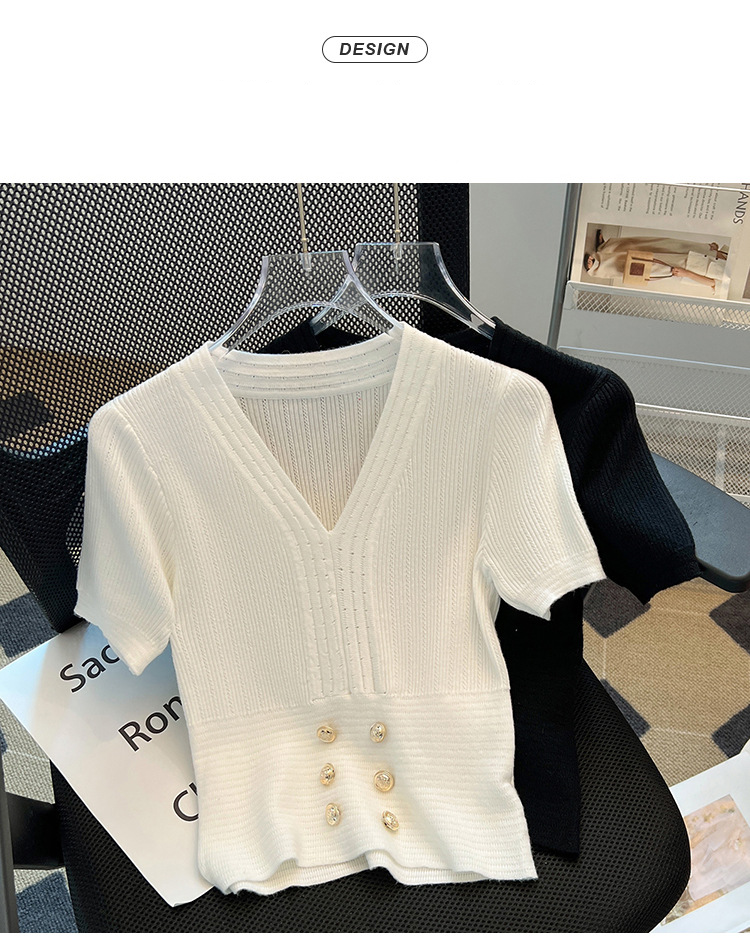Dameskleding V-hals ijszijde korte mouwen gebreide trui taille slim fit chique top_voghion.com