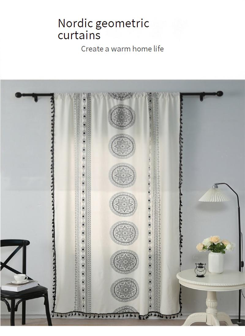 Gordijnen met zwarte cirkelprint, transparante polyester gordijnen met geometrische patronen en appelbloesempatronen, moderne lichtfilterende raamdecoratie_voghion.com