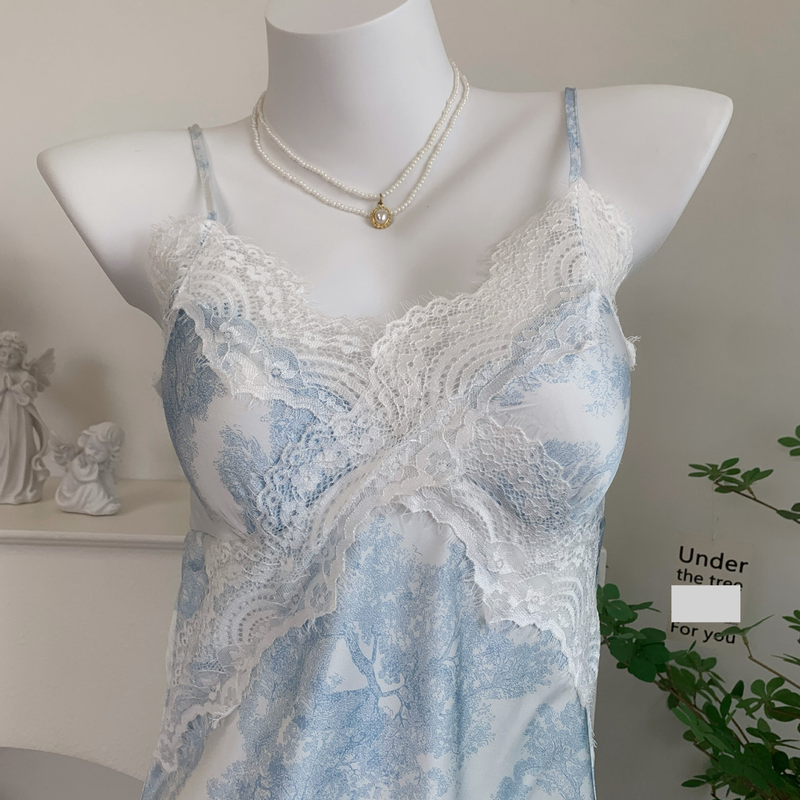 Elegant Lace Pajama Set With Built-in Bra - Summer Ice Silk Sleepwear For Women, V-Neck & Shorts, Comfortable Homewear In Blue/Green/Pink_voghion.com