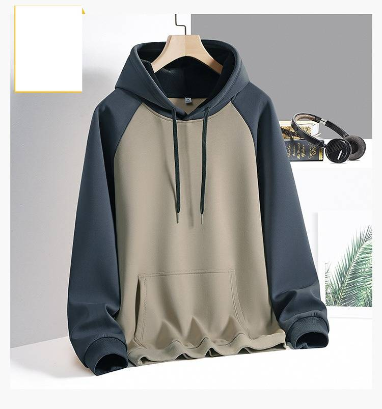 Men's Color-Block Fleece Hoodie – Raglan Sleeve Pullover With Contrast Panels, Streetwear Essential (Light Grey/Khaki/Beige)_voghion.com