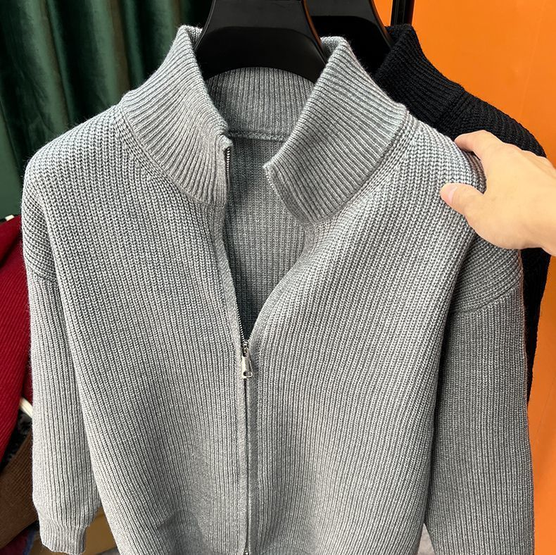 Men’s Zip-Up Knit Sweater – Trendy Slim-Fit Cardigan, Stretchable & Breathable Polyester, Crew Neck With Cable Knit Design_voghion.com