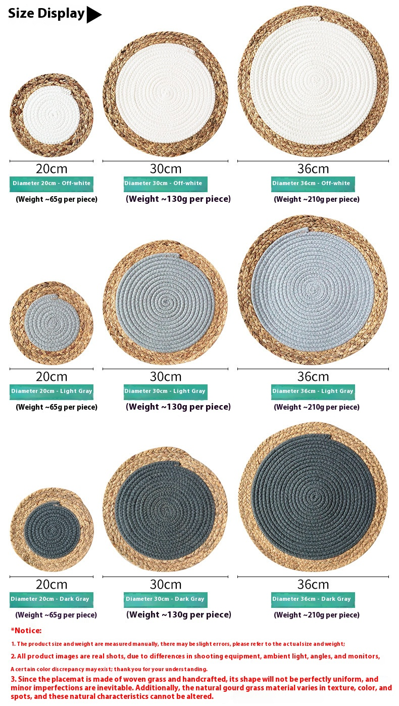 Sottobicchieri in cotone e erba intrecciati a mano - Tovagliette rotonde resistenti al calore per sala da pranzo e cucina, arredamento minimalista per la casa (set da 4, grigio e beige)_voghion.com