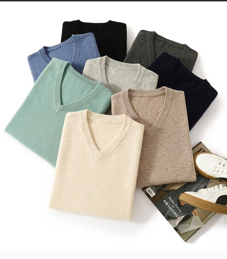 Men's 100% Wool Sweater V-Neck Comfortable Business Casual Pullover Knitwear Soft Breathable Loose Fit Winter Warm Tops_voghion.com