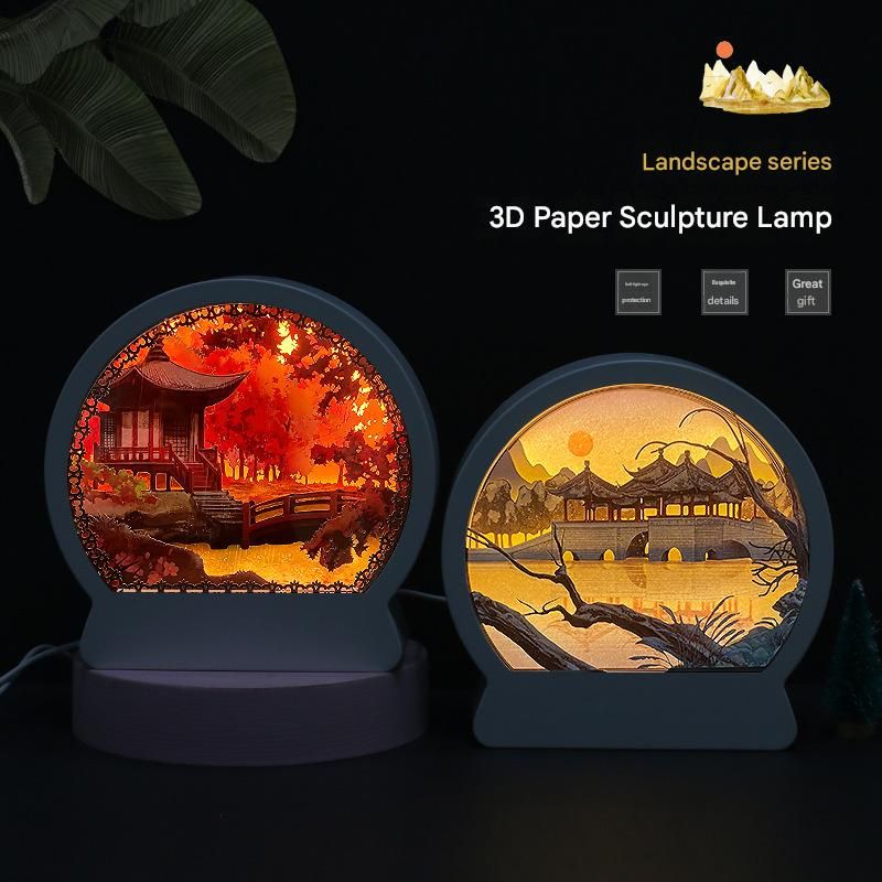 Landscape Painting Paper Sculpture Crafts DIY Ancient Style Night Light Bedside Lamp 3D Three Dimensional Light And Shadow Paper Sculpture Lamp_voghion.com