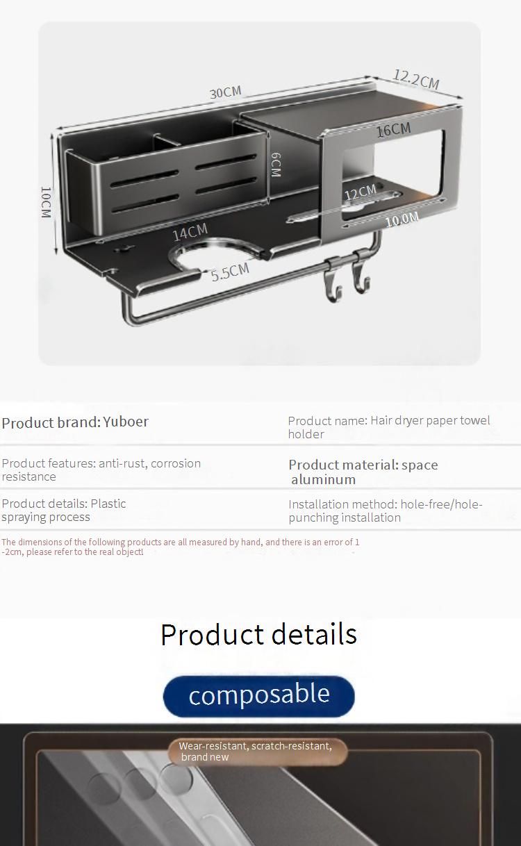 Haartrocknerhalter aus Aluminium mit Taschentuchbox, an der Wand montierter Badezimmer-Organizer für Föhn, Kamm und Toilettenpapier,_voghion.com