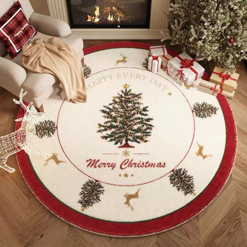 Weihnachtsteppich, runder Wohnzimmerteppich, rutschfester und pflegeleichter Samtteppich, festliche Weihnachtsgröße: 140 x 140 cm_voghion.com