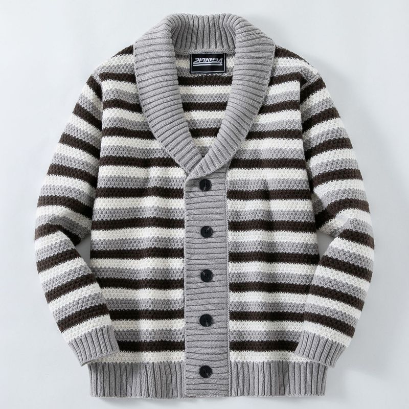 Herren-Cardigan mit Streifen und Kragen – Dick gestrickter, offener Pullover im Vintage-Stil, Grau (M–3XL)_voghion.com
